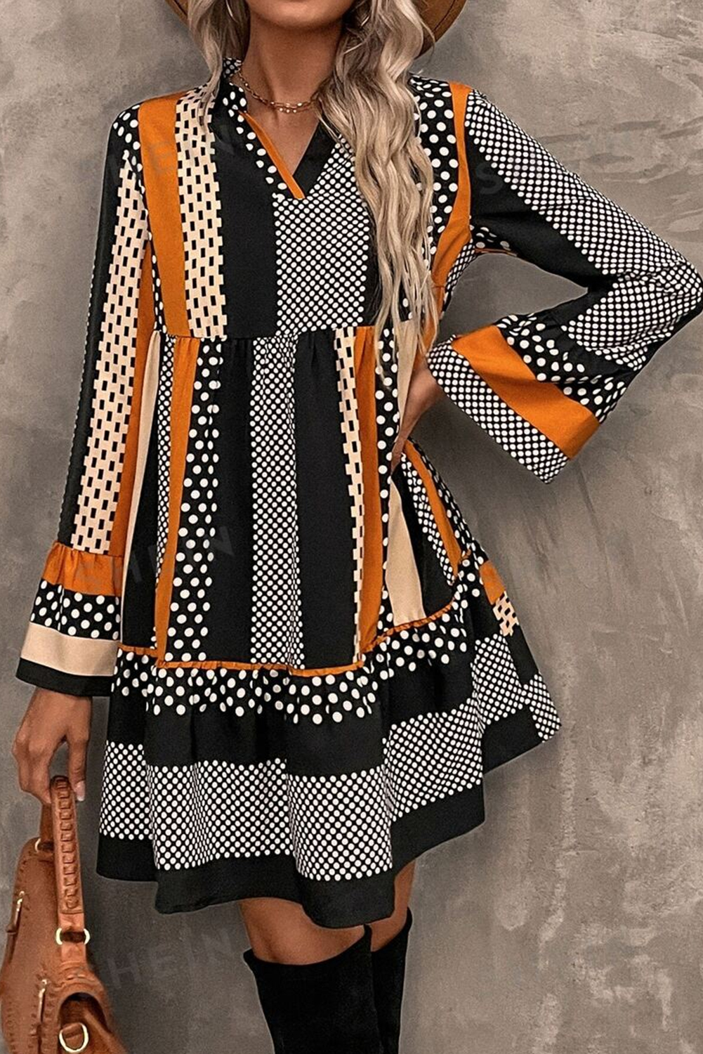 Black Striped Polka Dot Print Ruffled Hem V Neck Mini Dress - loveforevers