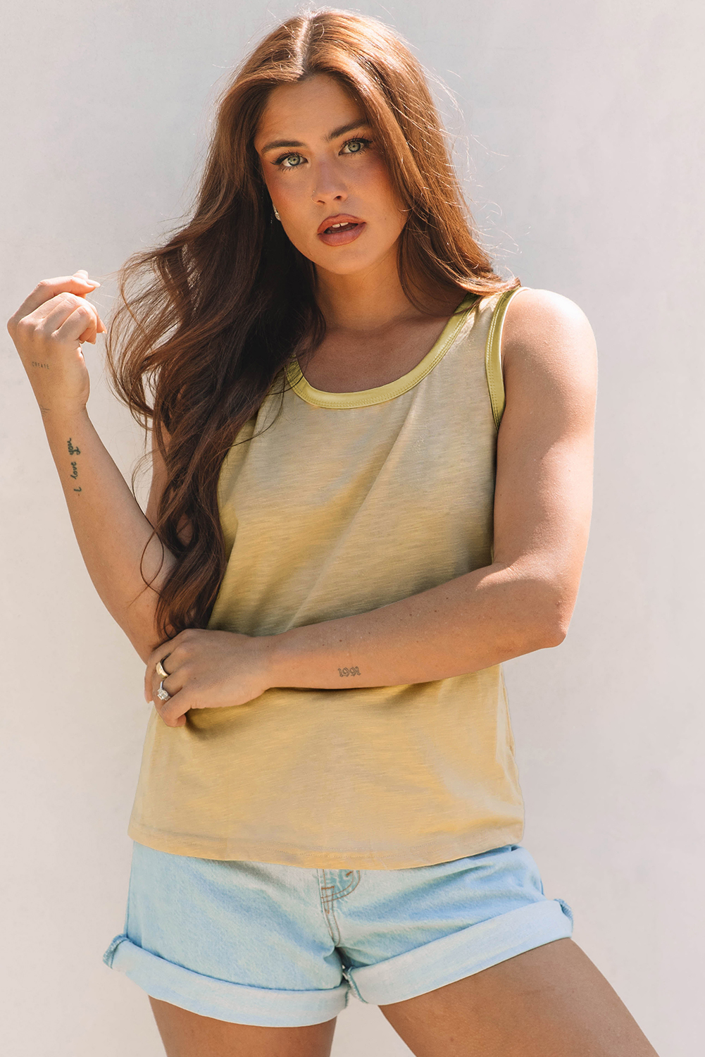Tan Metallic Sheen Edge Scoop Neck Tank Top - loveforevers
