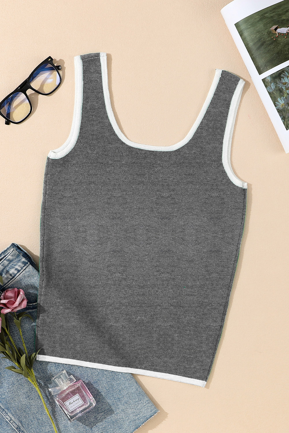 Dark Green Lightweight Ribbed Knit Contrast Trim Sweater Vest - loveforevers