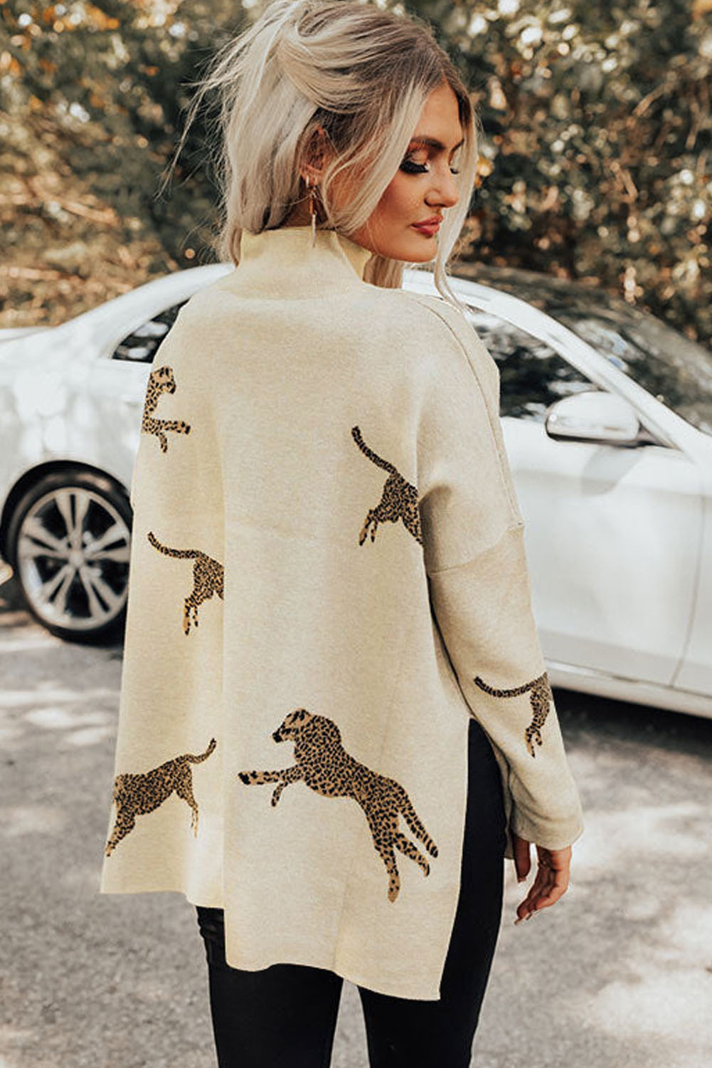 Parchment Lively Cheetah Print High Neck Split Hem Sweater - loveforevers