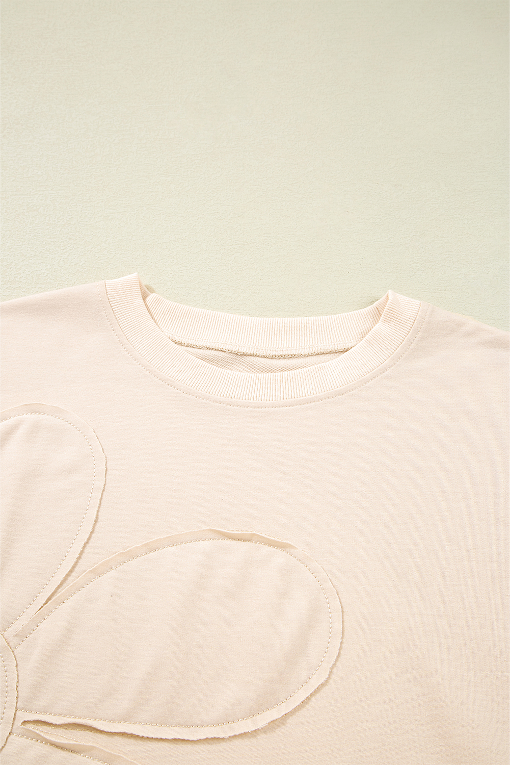 Beige Raw Edge Flower Patch Drop Shoulder Casual Top - loveforevers