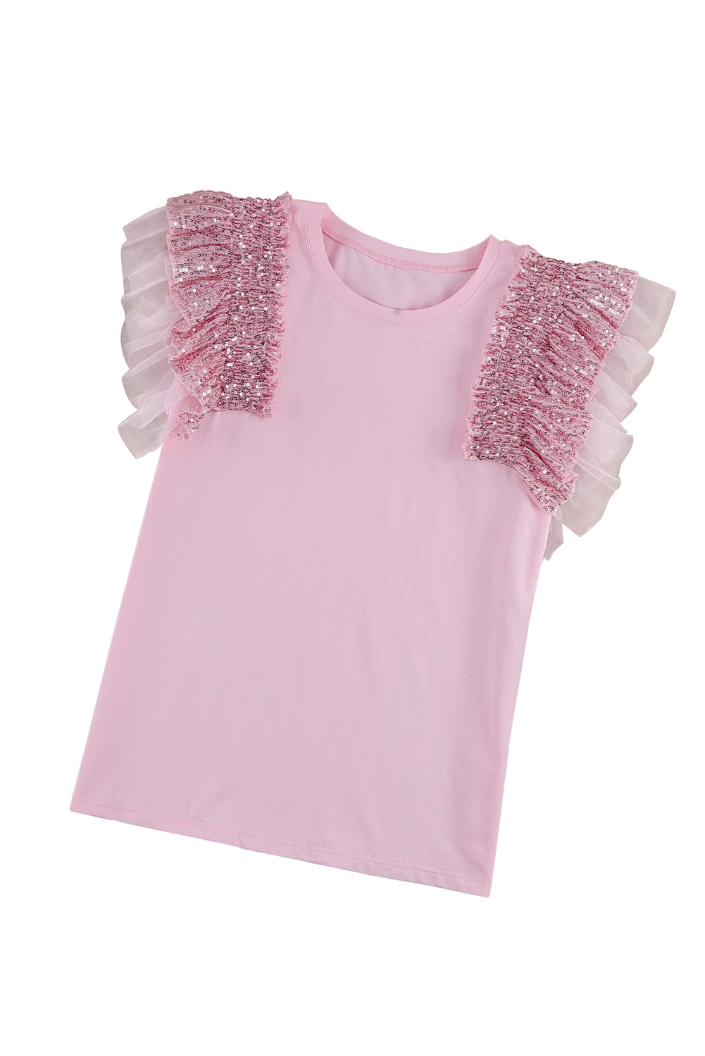 Pink Sequined Ruffle Mesh Sleeves Top - loveforevers