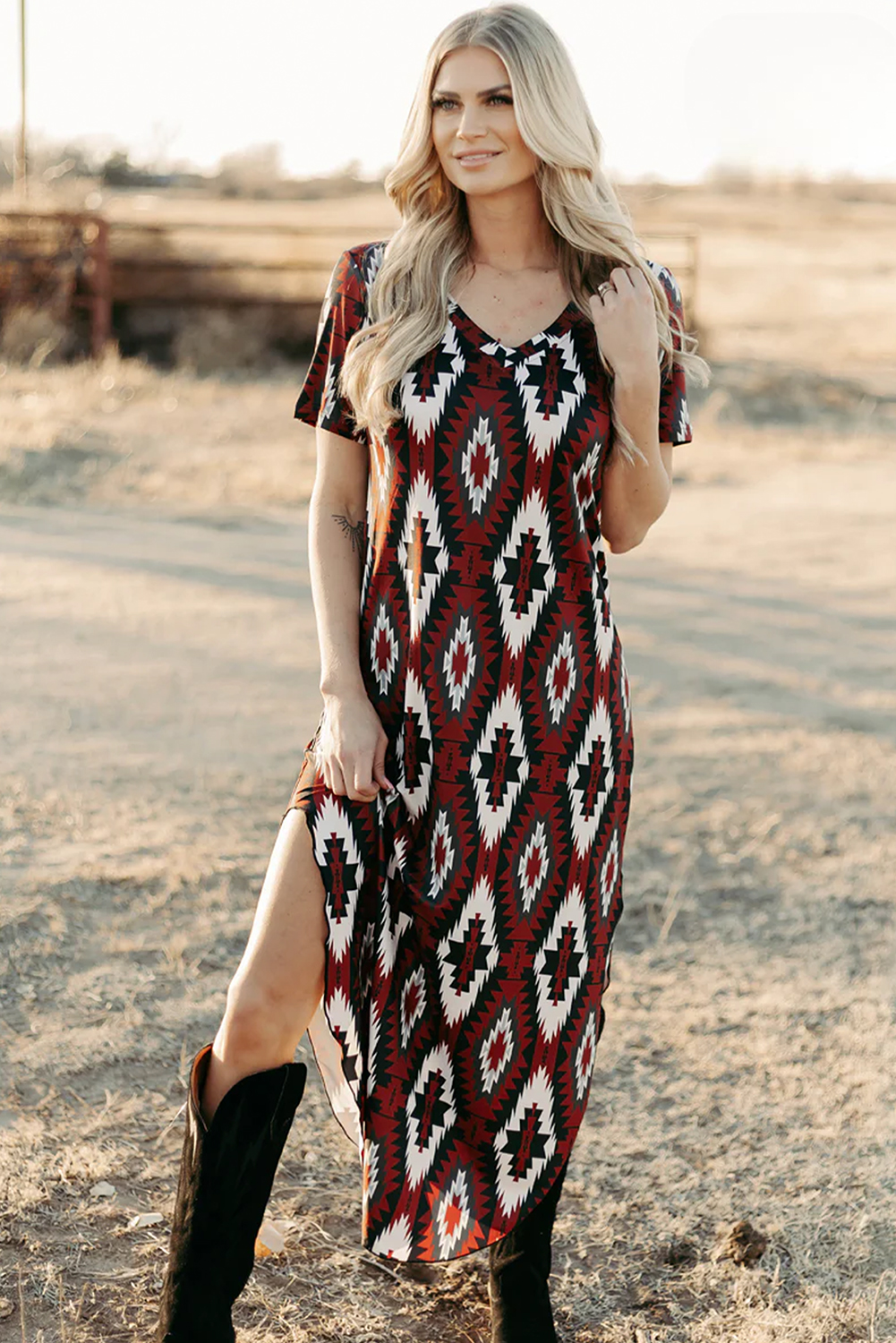 Red Western Aztec Printed Long T-shirt Dress - loveforevers