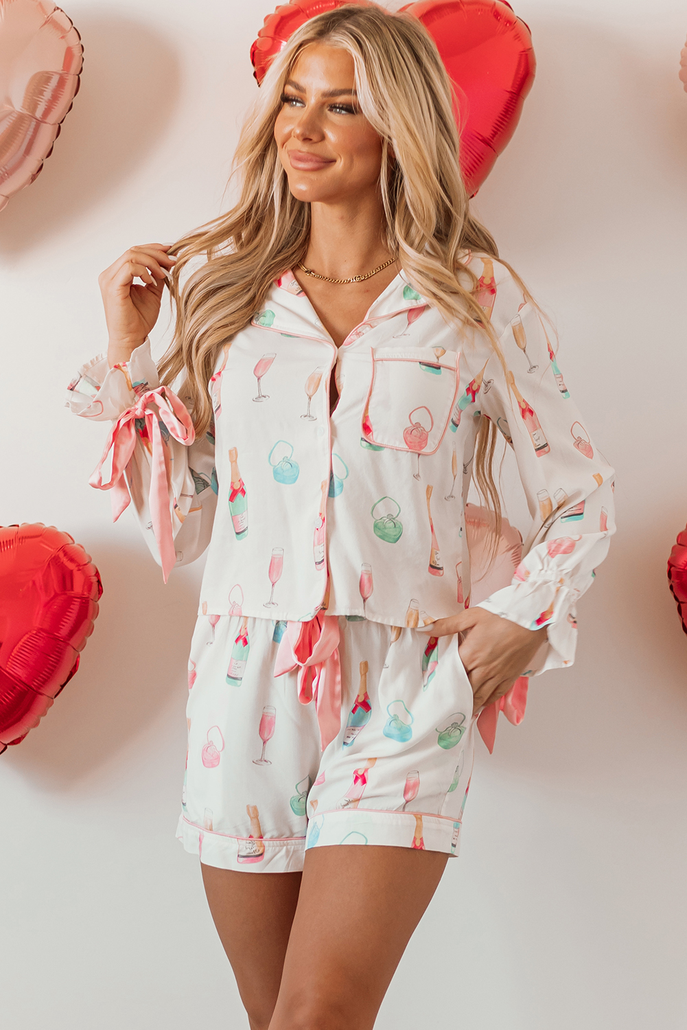 White Christmas Wine Glass Print Bow Knot Two Piece Pajama Set - loveforevers