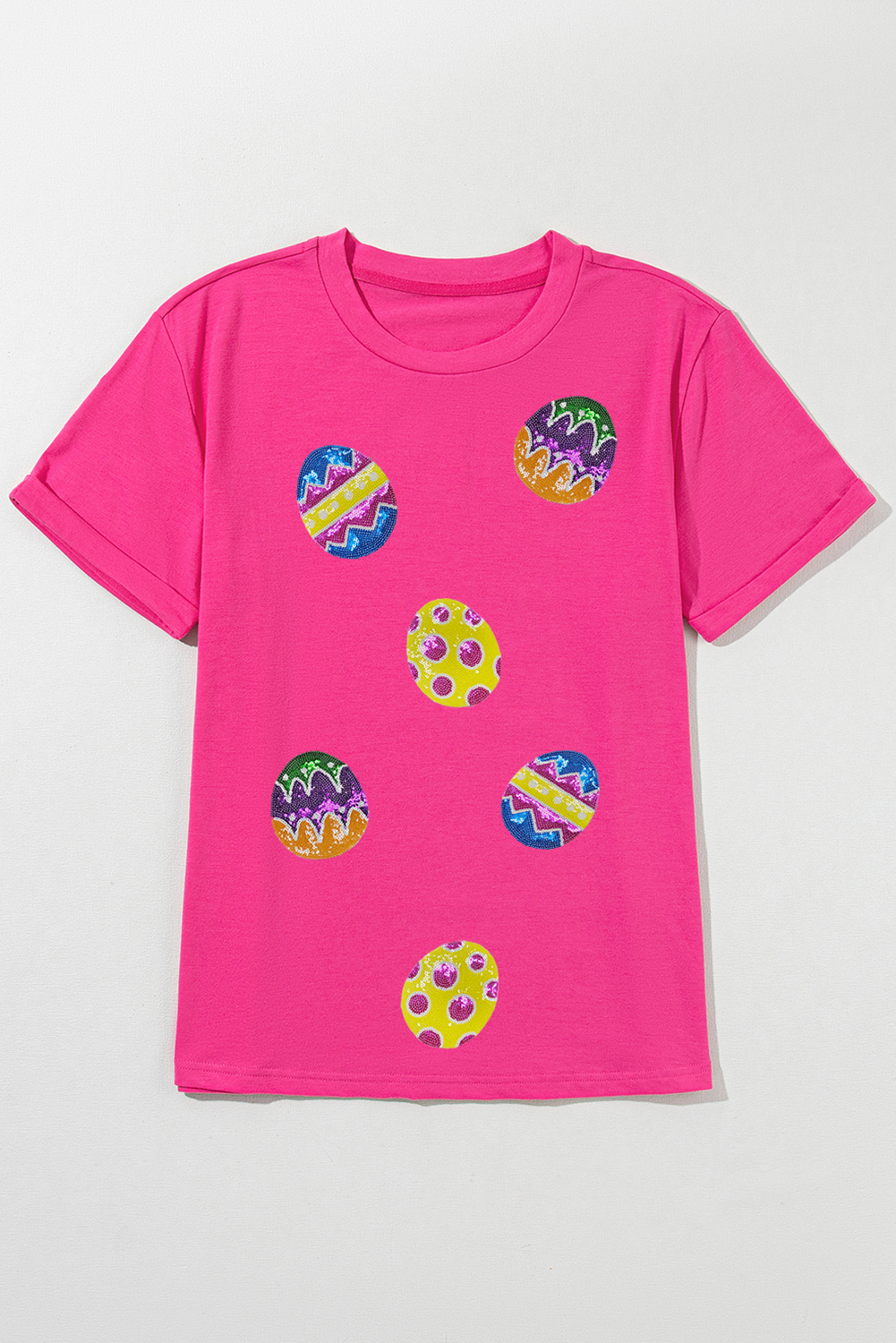 Rose Red Easter Eggs Patched Crew Neck Graphic Tee - loveforevers