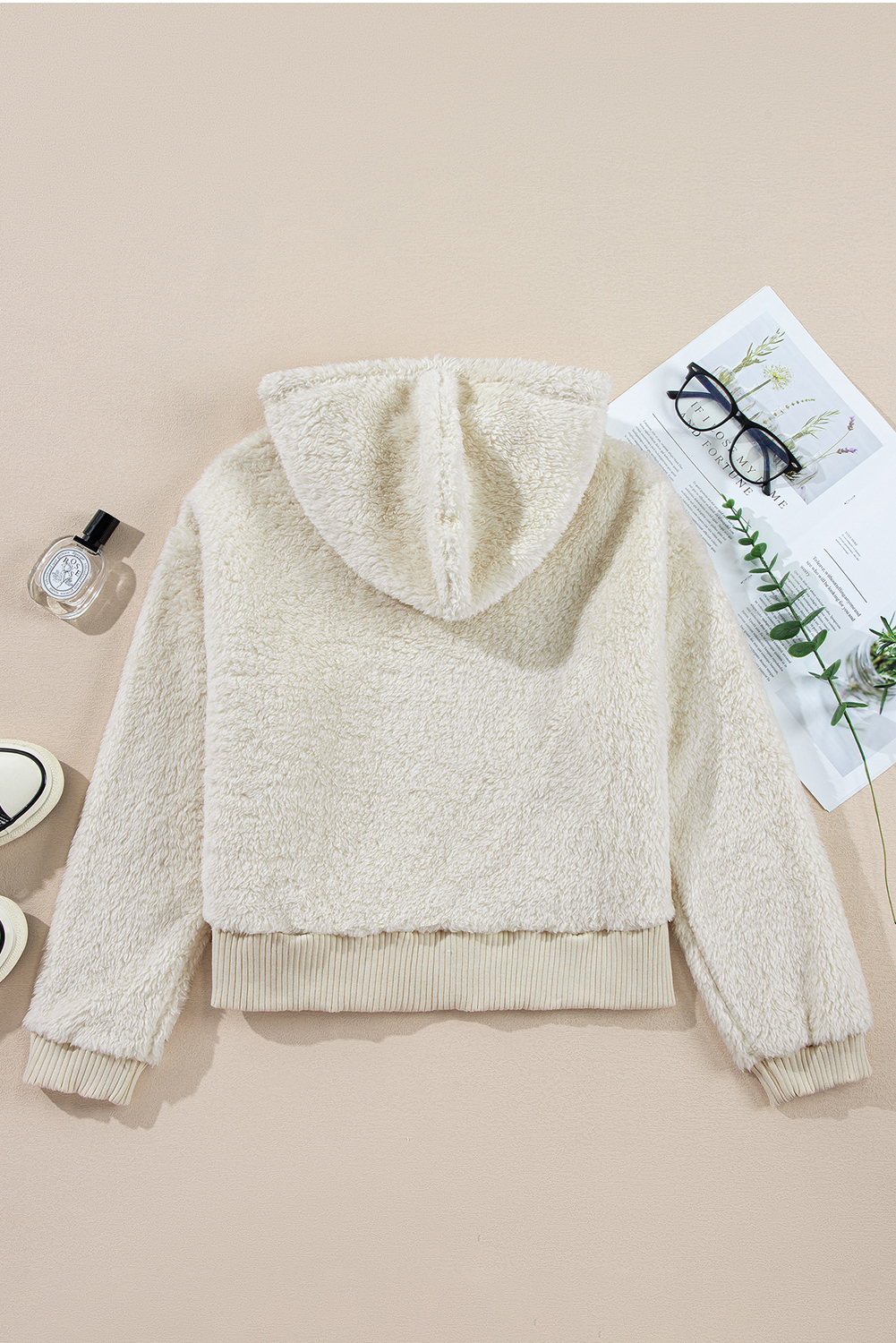 White Contrast Ribbed Edge Plush Hoodie - loveforevers