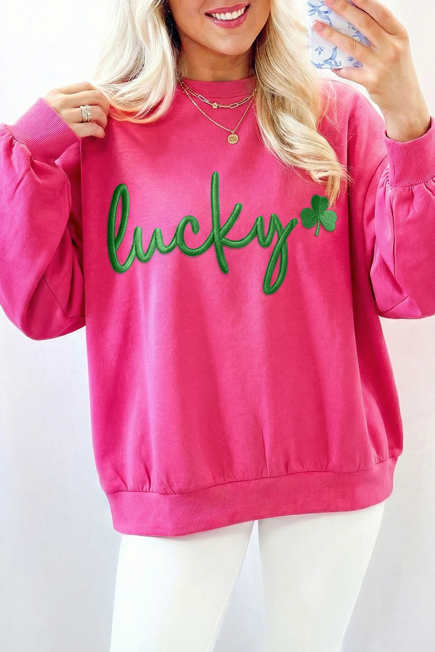 Rose Red Lucky Clover Embroidered Loose Pullover Sweatshirt - loveforevers