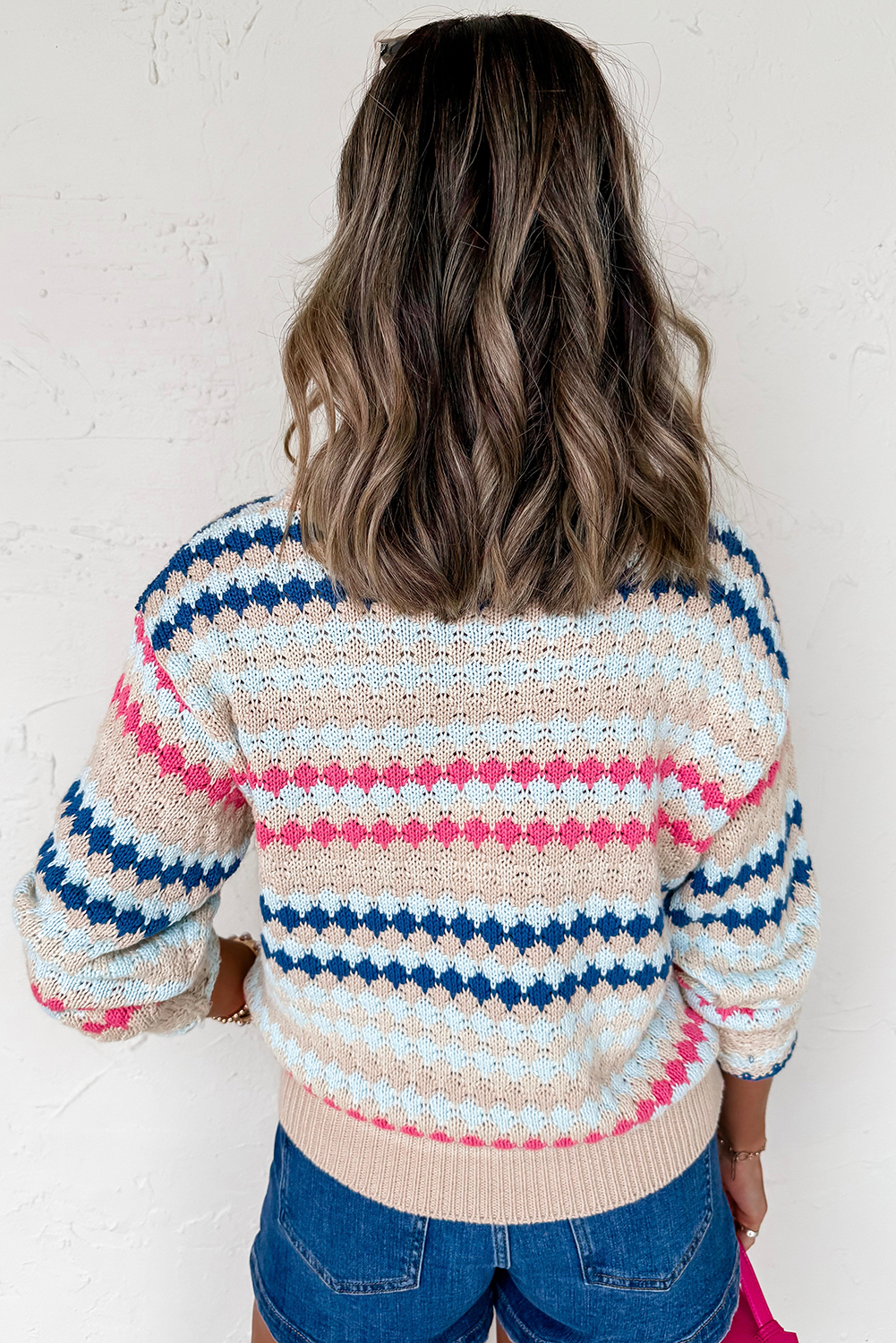 Brown Stripe Eyelet Patterned Drop Shoulder Sweater - loveforevers