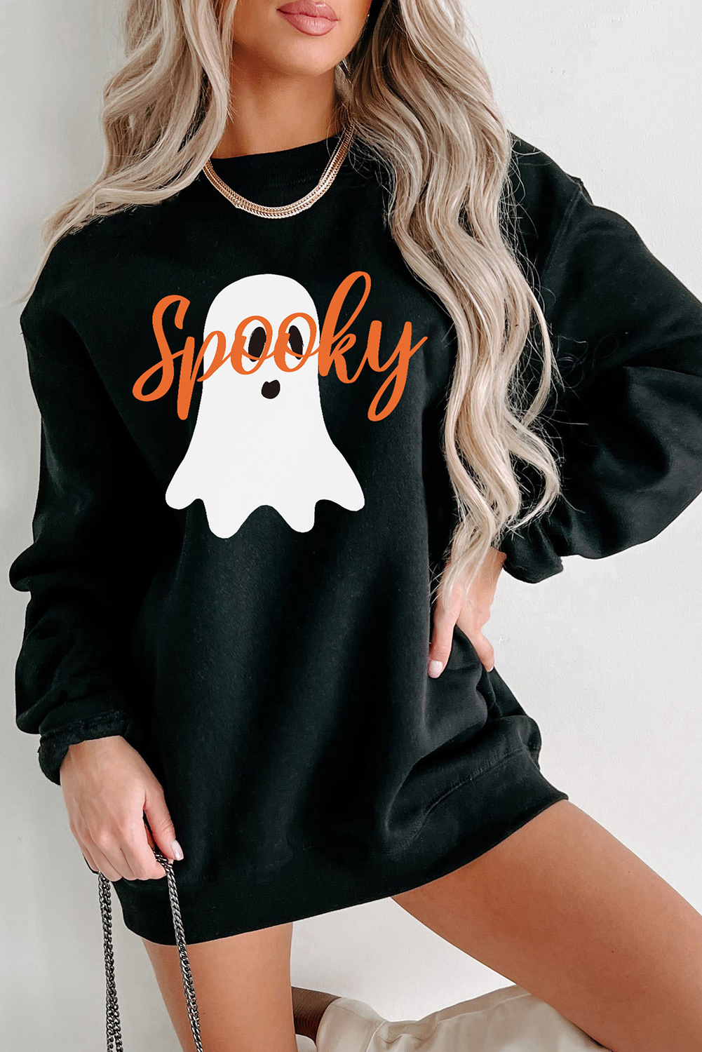 Black Halloween Spooky Ghost Print Crewneck Pullover Sweatshirt - loveforevers