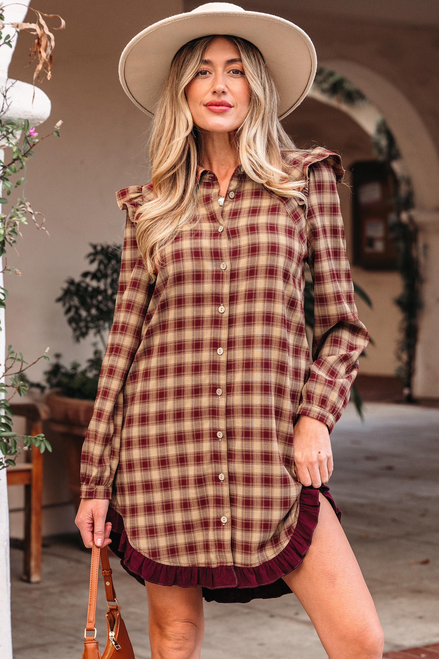Red Plaid Print Ruffled Long Sleeve Patchwork Hem Mini Shirt Dress - loveforevers
