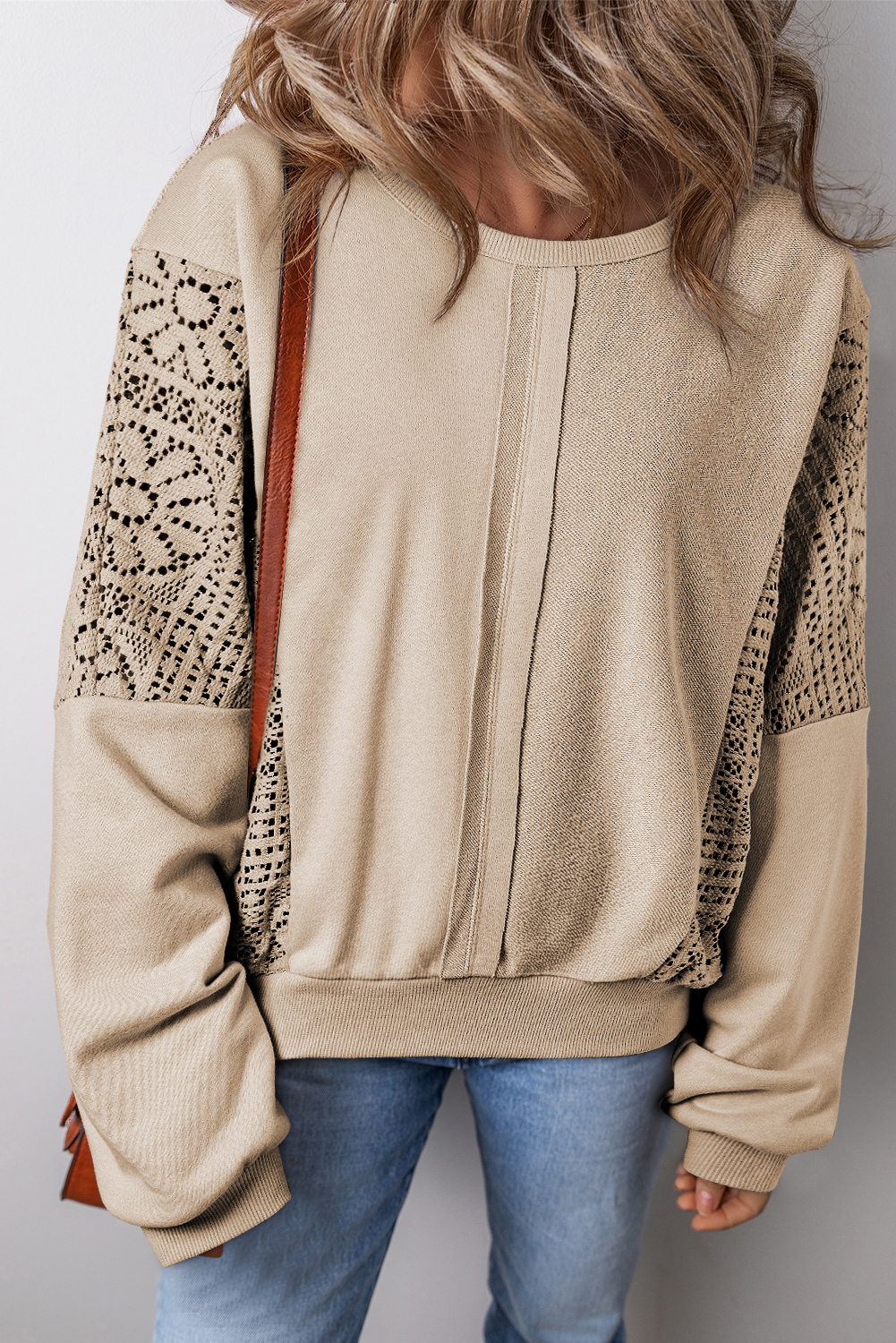 Parchment Knit Crochet Exposed Seam Ribbed Trim Sweatshirt - loveforevers