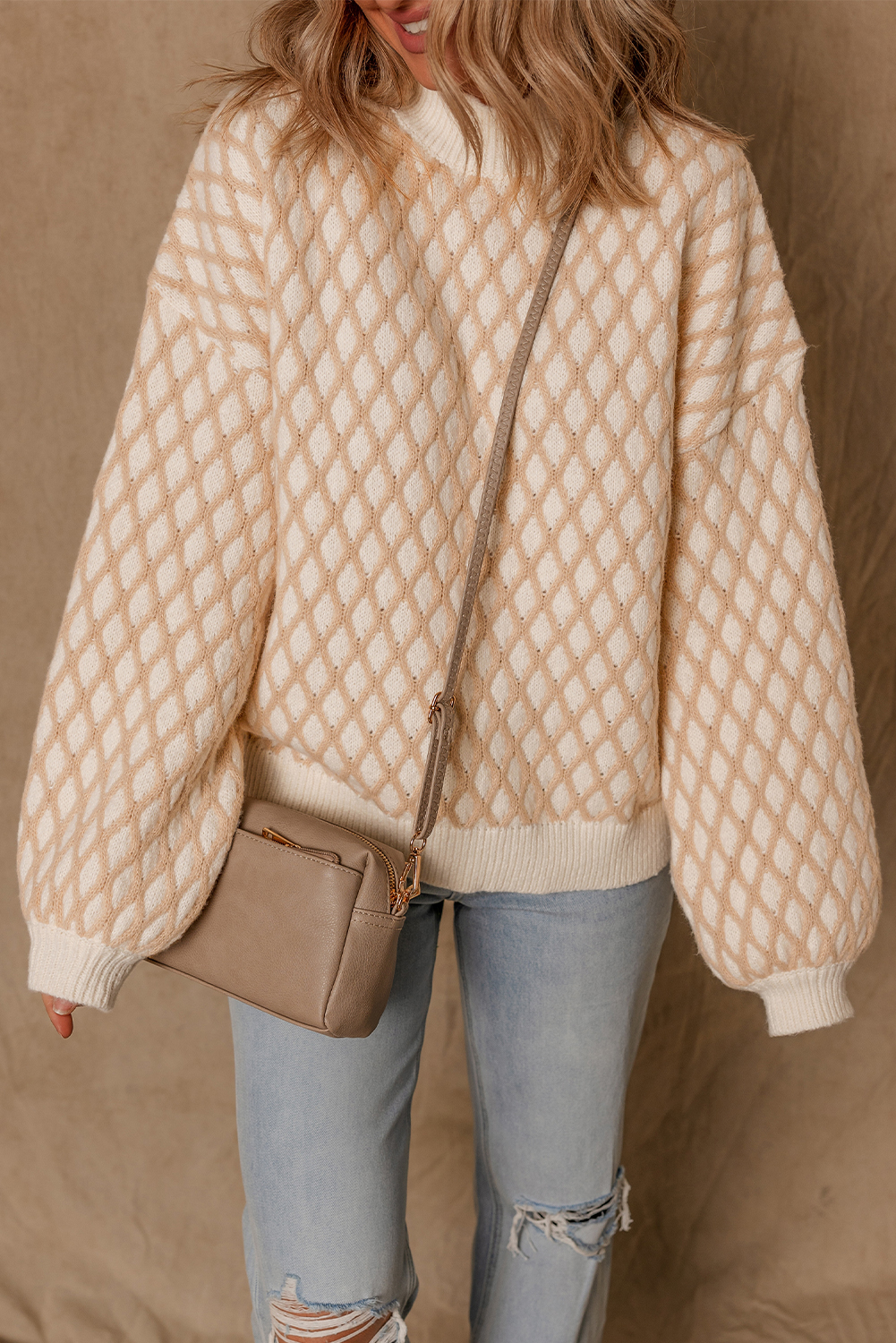 Smoke Gray Rhombus Textured Knit Mock Neck Sweater - loveforevers