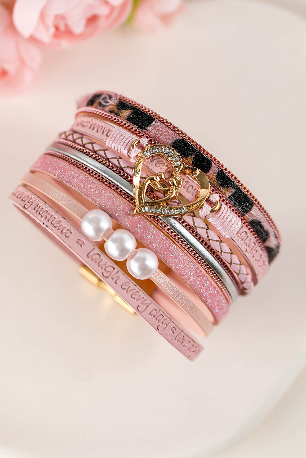 Pink Leopard Letter Print Heart Shaped Magnetic Buckle Bracelet - loveforevers