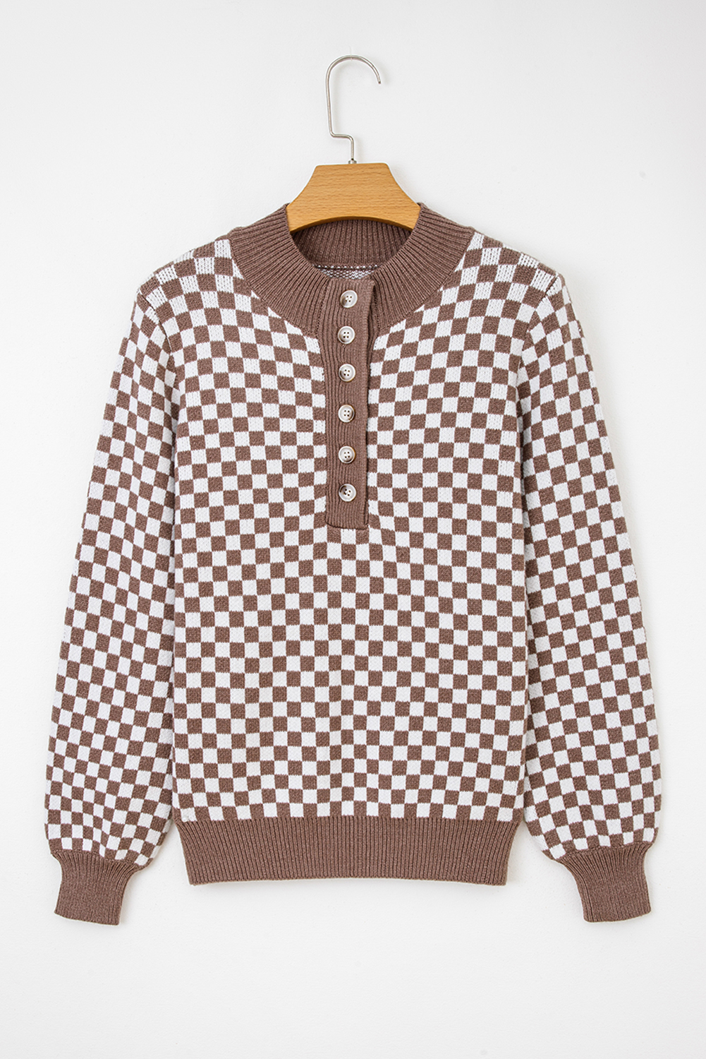 Dark Brown Half Button Ribbed Trim Checkerboard Knit Sweater - loveforevers
