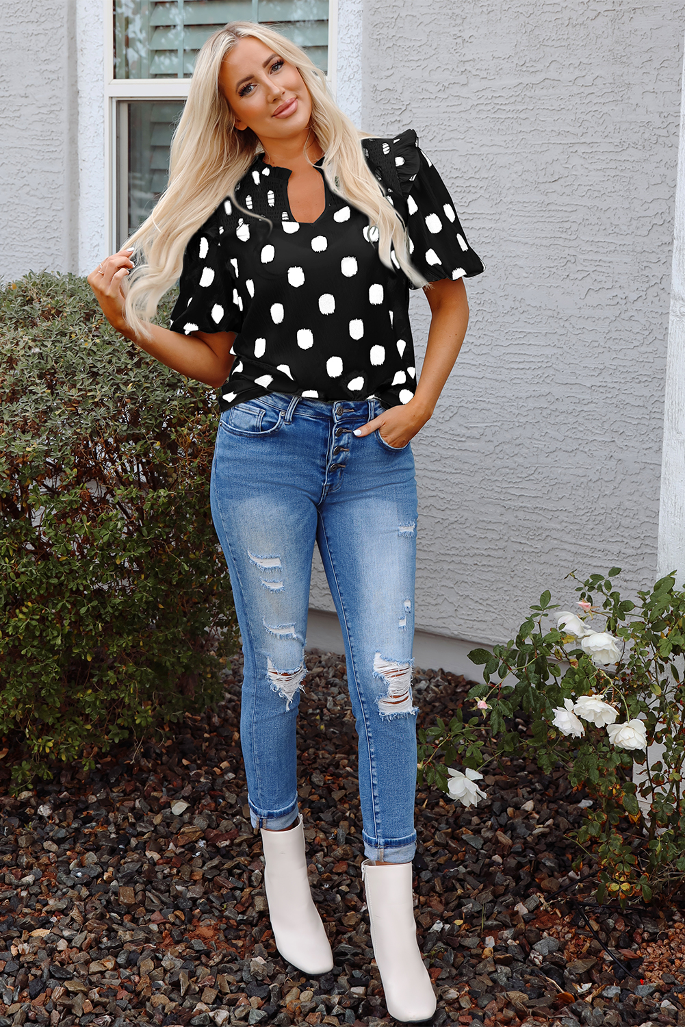 Black Polka Dot Print Shirred Yoke Notched Neck Balloon Sleeve Blouse - loveforevers
