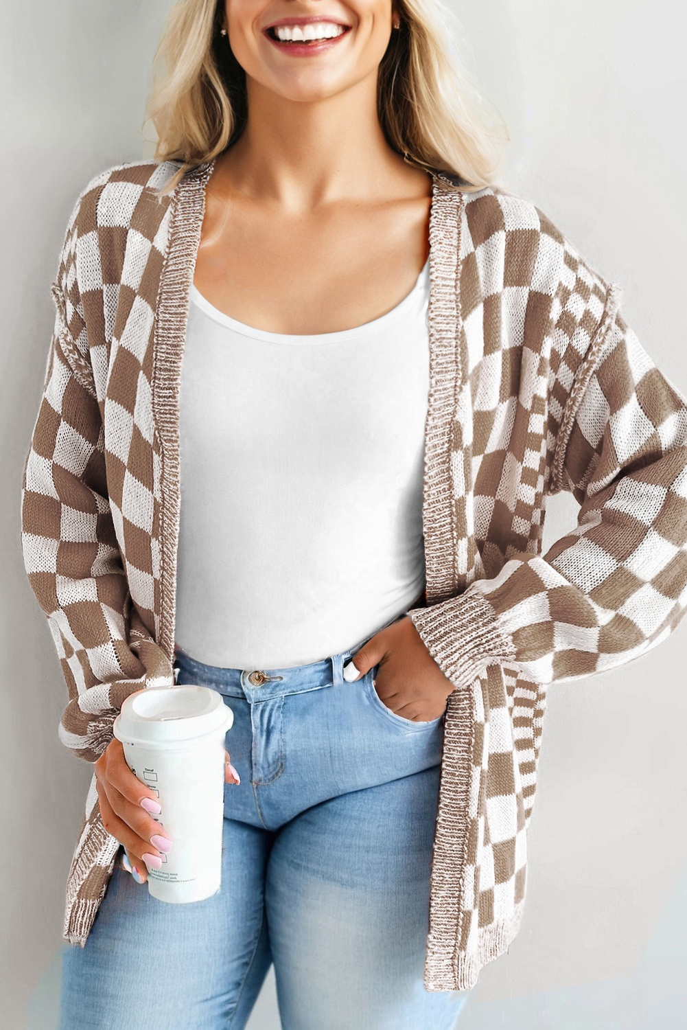 Brown Plus Size Checkered Bubble Sleeve Drop Shoulder Open Cardigan - loveforevers