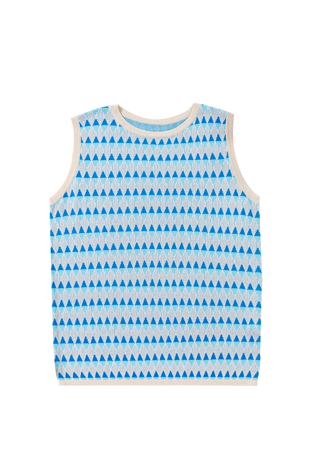 Sky Blue Stripe Geometric Print Round Neck Slim Fit Sweater Vest - loveforevers