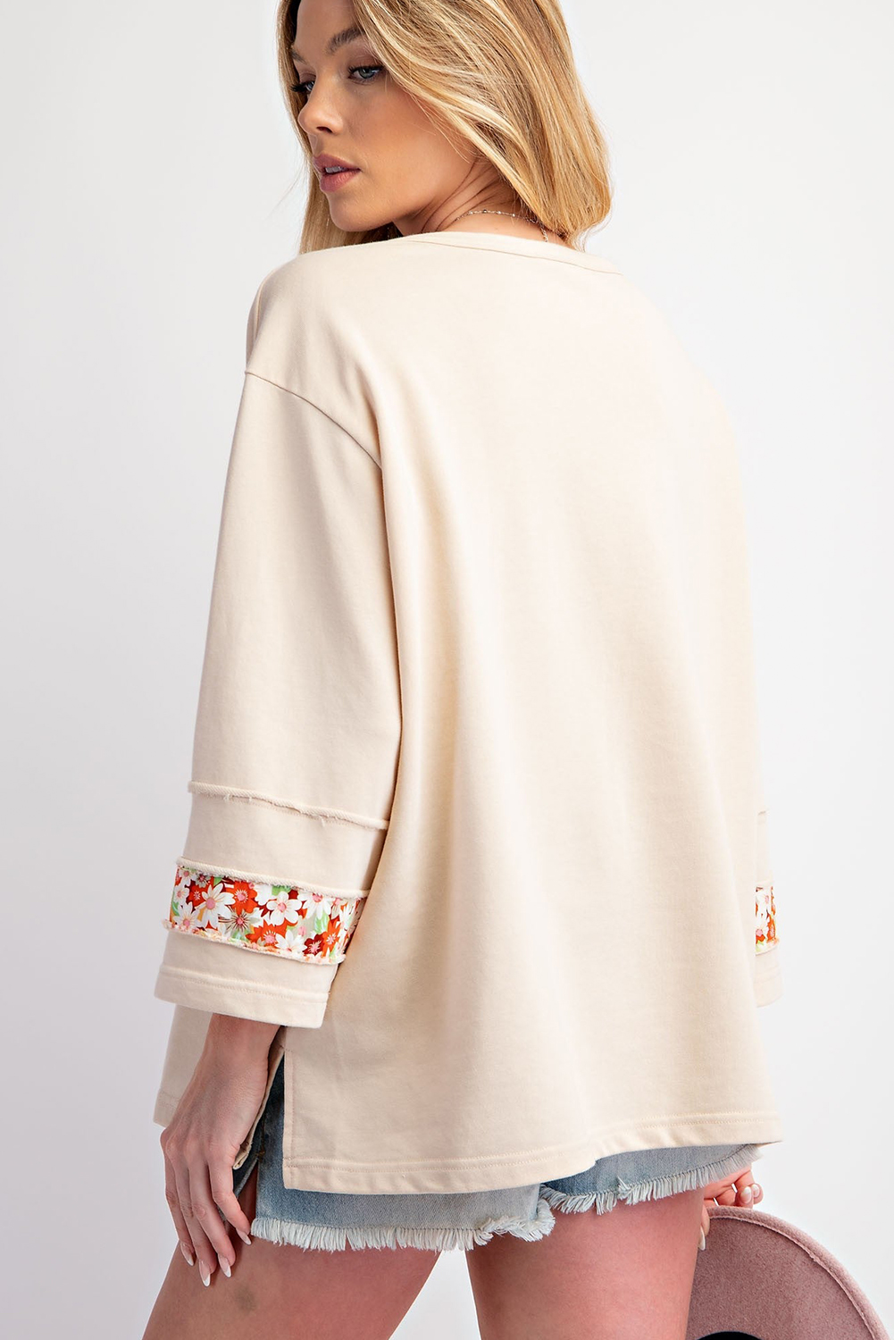 Beige Flower Patch Graphic Exposed Seam Wide Sleeve Top - loveforevers