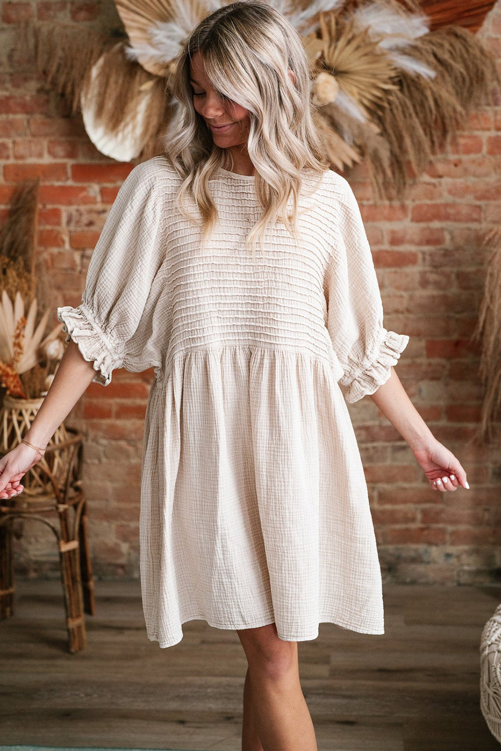 White Textured Ruffled Puff Sleeve Loose Dress - loveforevers