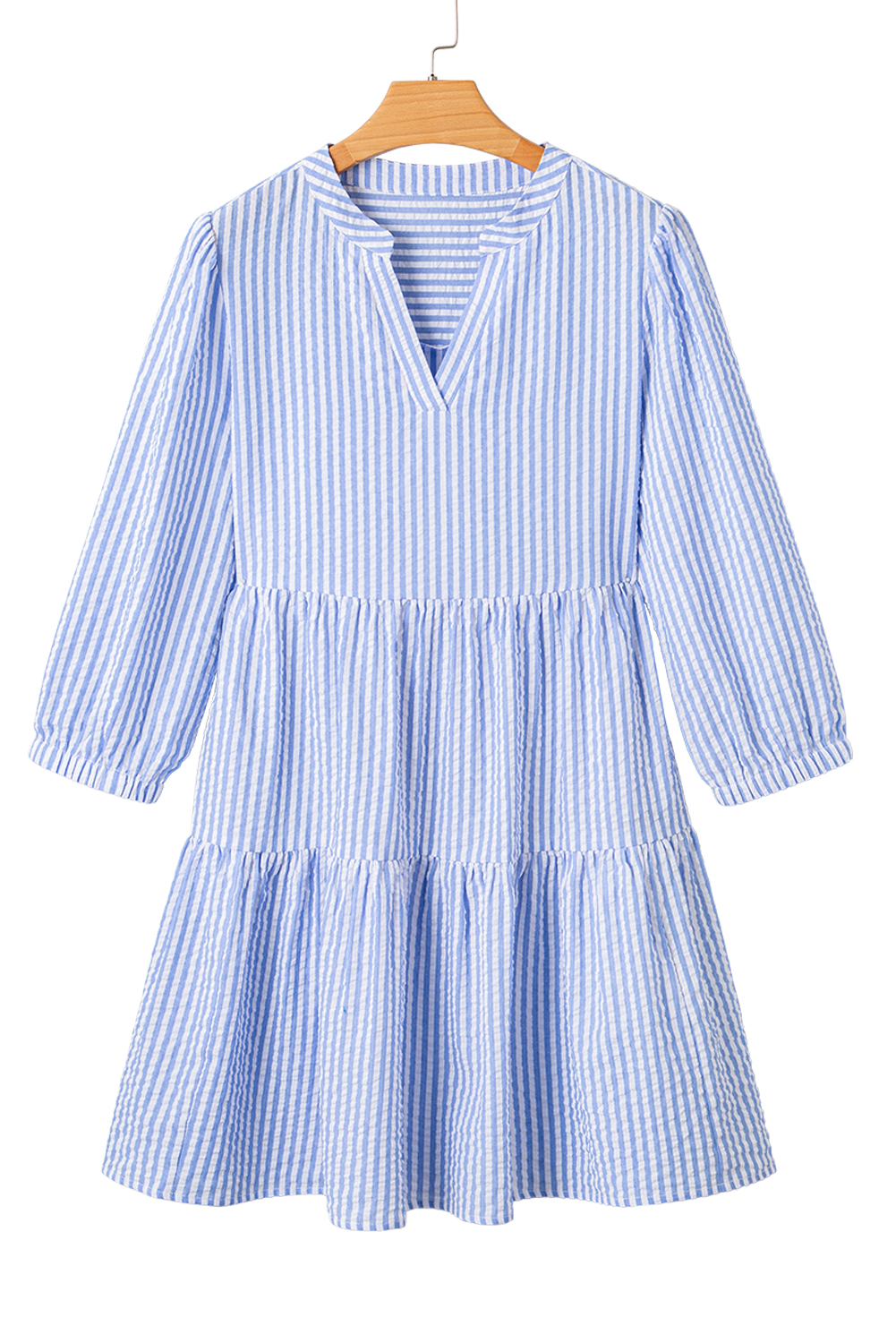 Sky Blue Stripe Bracelet Sleeve Tiered Shift Dress with Pockets - loveforevers