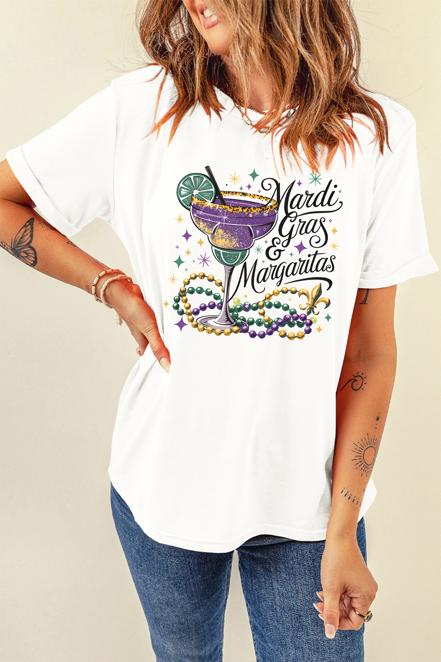 White Mardi Gras Margaritas Cheerful Graphic Tee - loveforevers