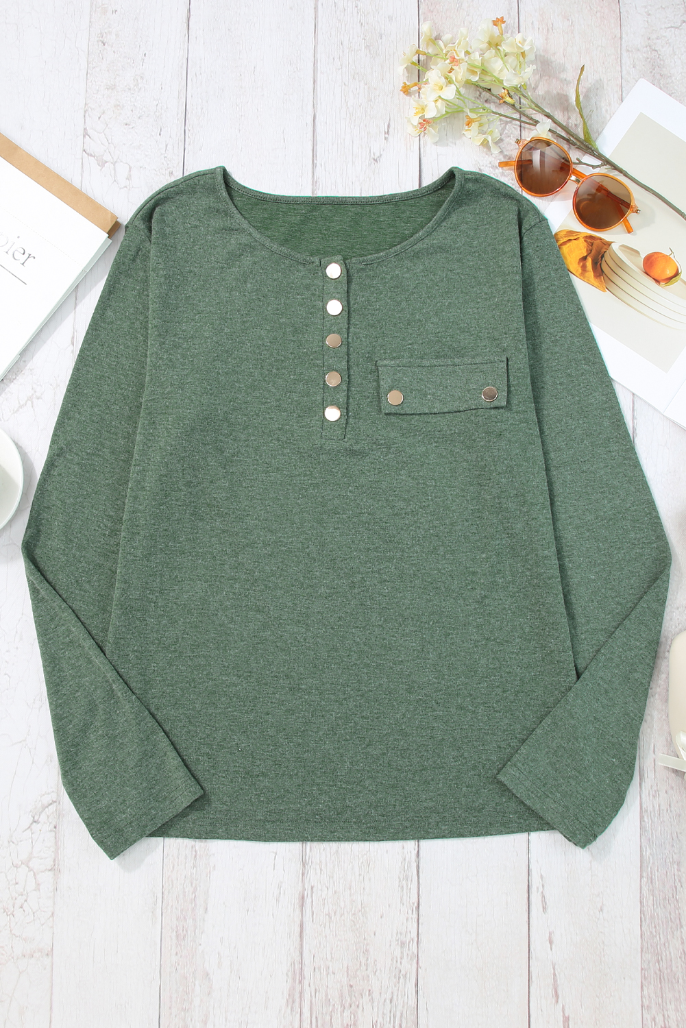 Mist Green Long Sleeve Snap Button Henley Top - loveforevers