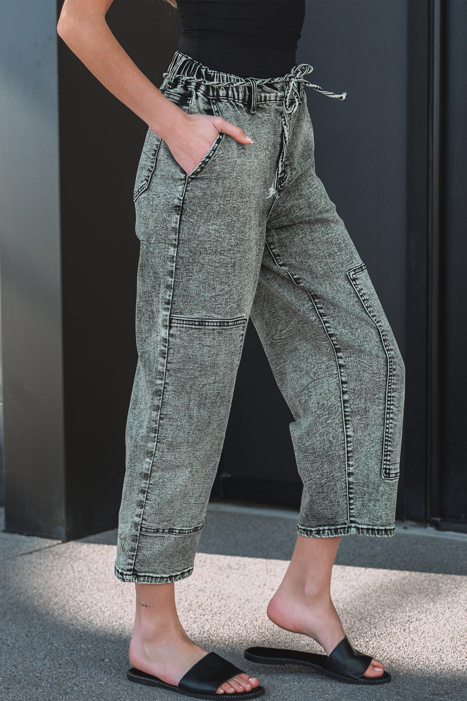 Smoke Gray Acid Wash Barrel Fit Denim Pants with Waist String - loveforevers