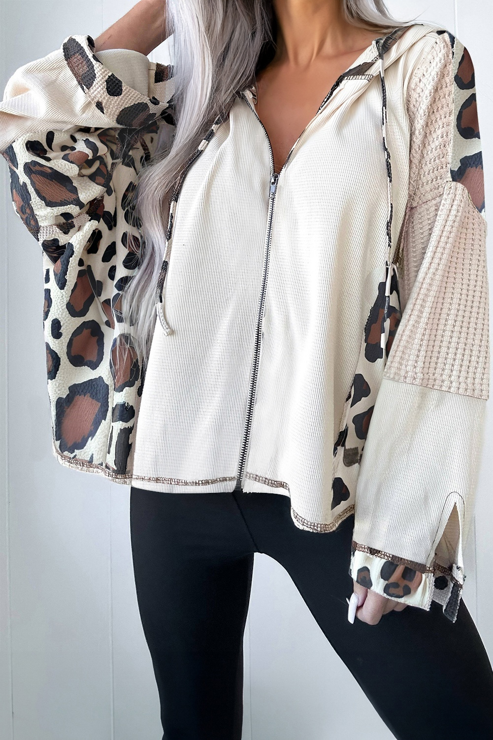 Apricot Oversized Leopard Contrast Mixed Texture Patchwork Zip Up Drop Shoulder Hoodie - loveforevers