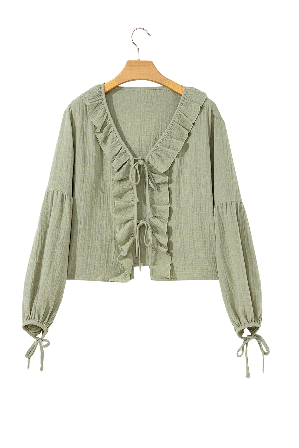 Meadow Mist Green Bow Tie Front Ruffle Trim V Neck Long Sleeve Gauze Blouse - loveforevers