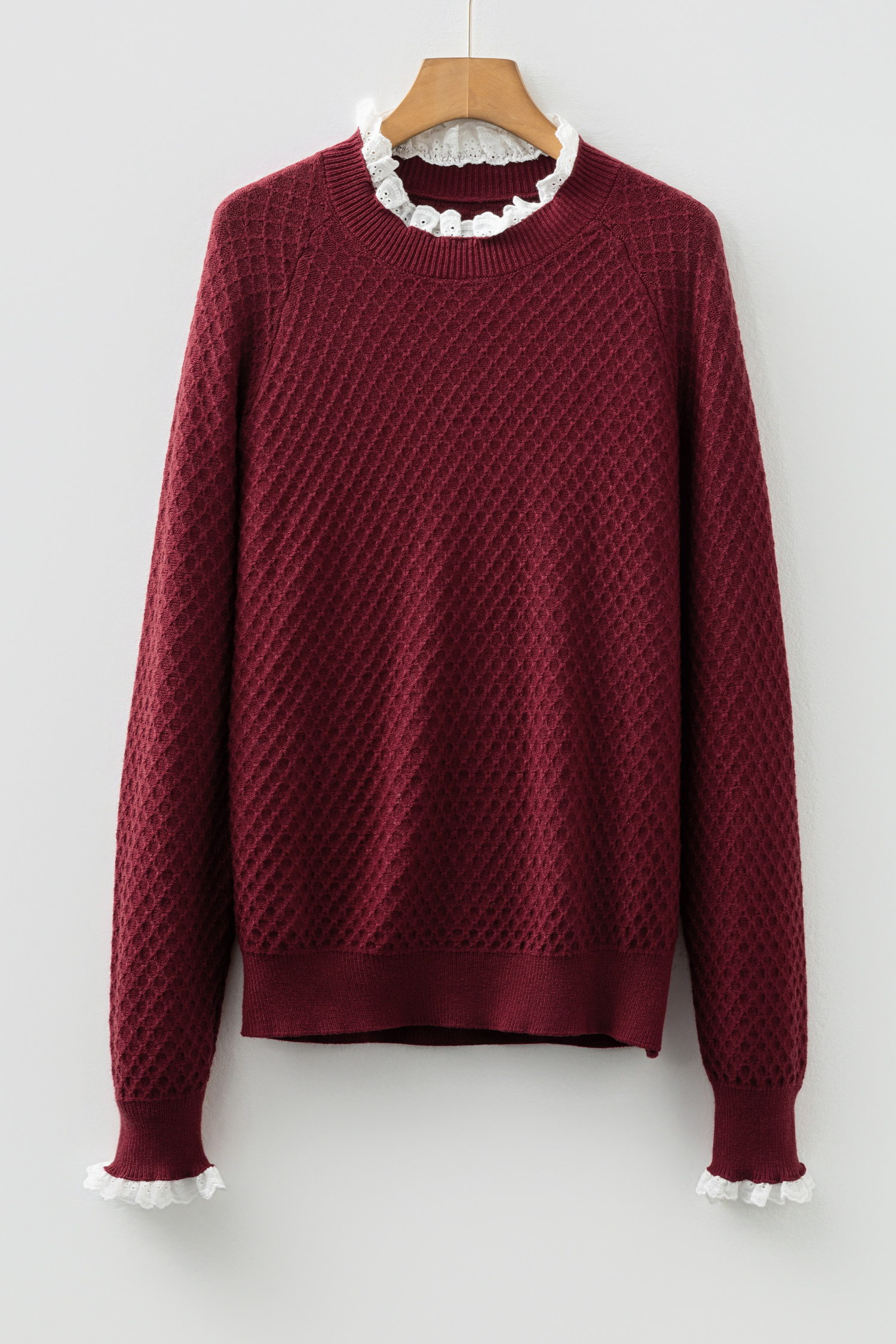 Burgundy  Contrast Lace Frilled Trim Raglan Sleeve Sweater - loveforevers