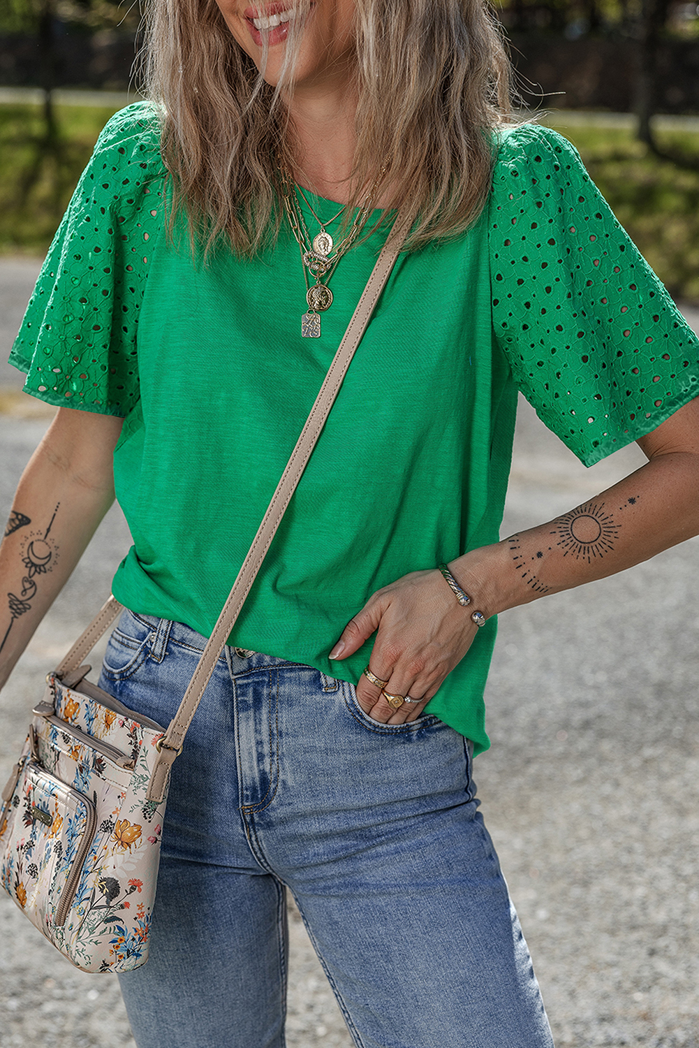 Bright Green Eyelet Embroidered Patchwork Shift Top - loveforevers