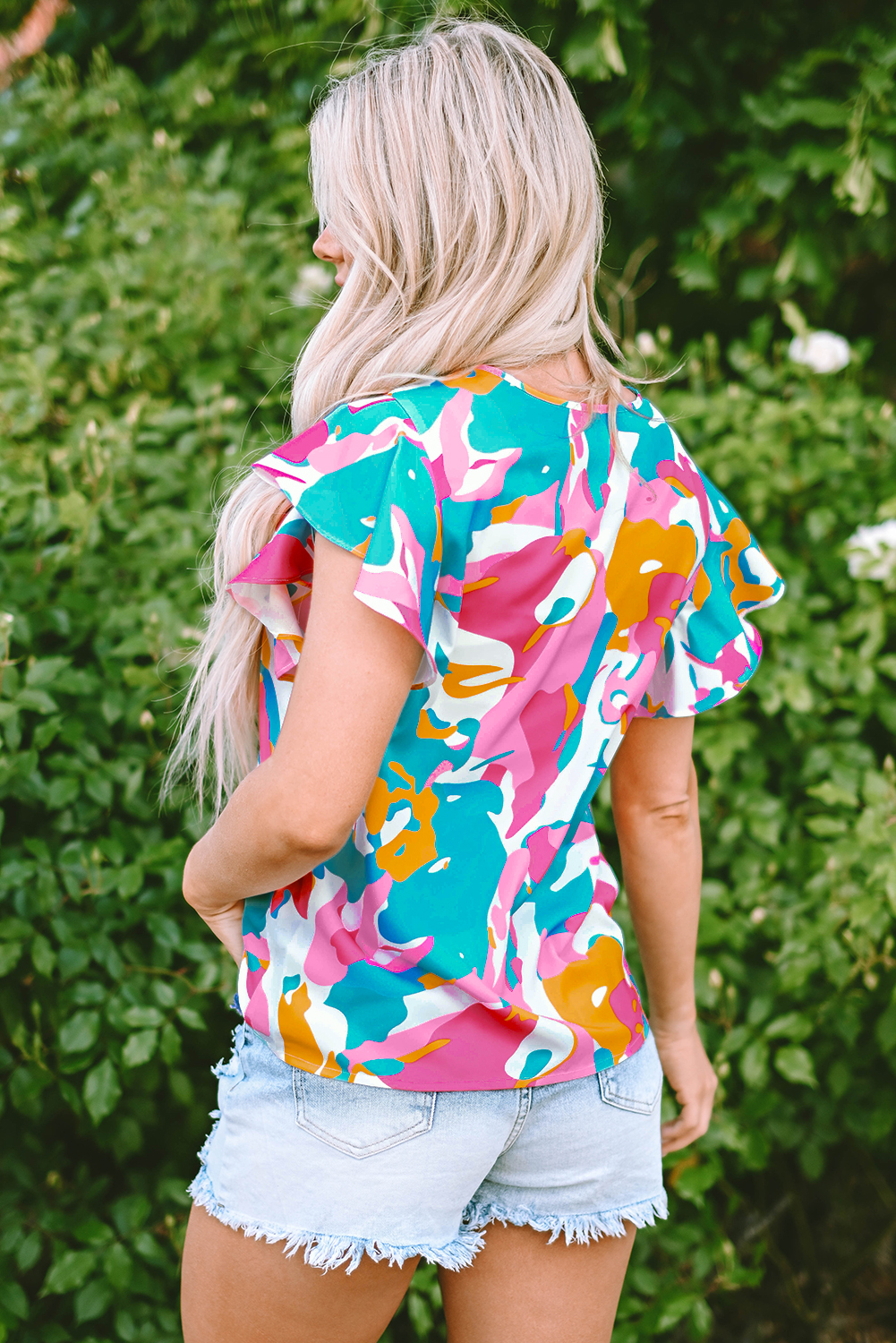 Multicolour Abstract Print Notched Neck Flutter Sleeve Blouse - loveforevers