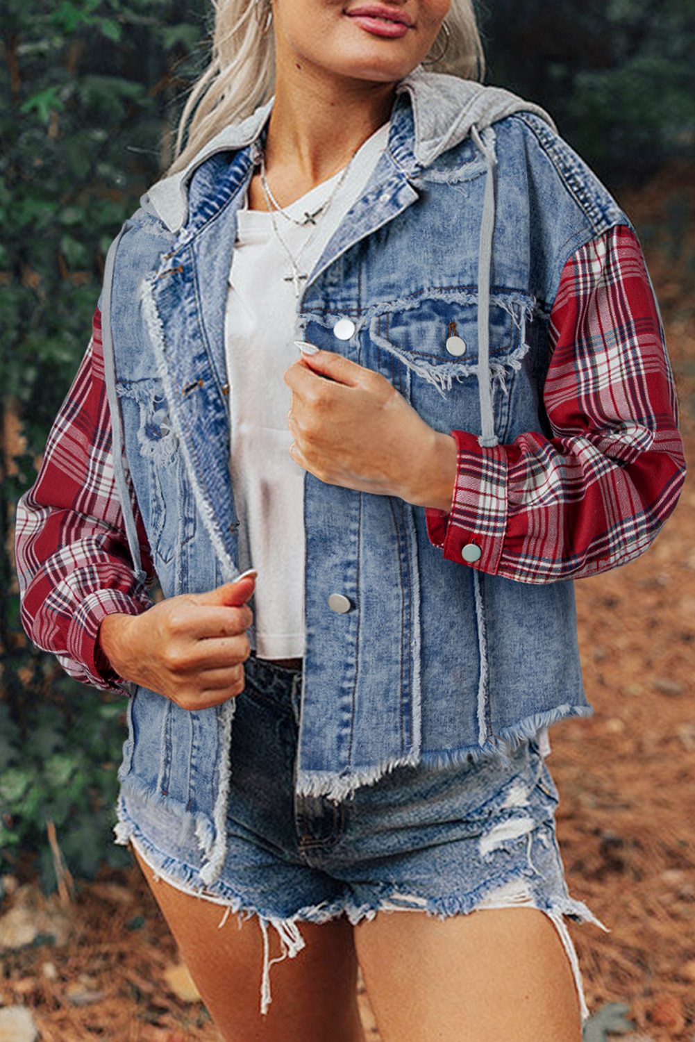 Beau Blue Plaid Print Patchwork Hooded Raw Hem Denim Jacket - loveforevers