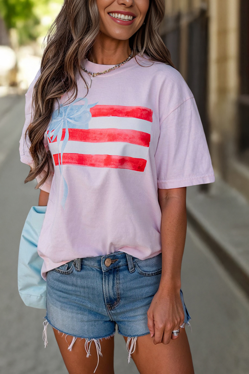 Myosotis Flag Bow Graphic Crewneck Tee - loveforevers