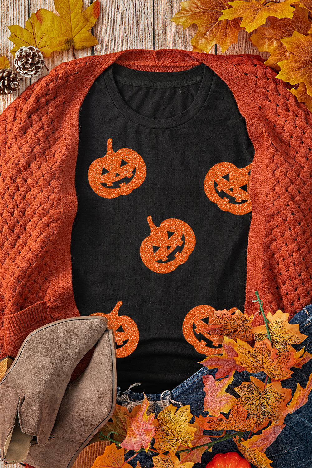 Black Glittering Pumpkin Face Graphic Crewneck Halloween T Shirt - loveforevers