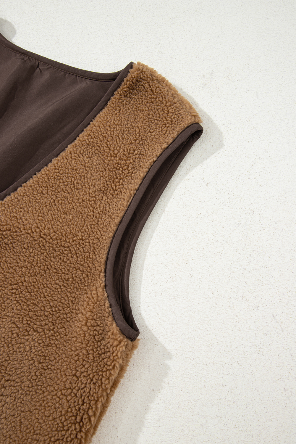 Light French Beige Contrast Trim Tie Front Sherpa Vest - loveforevers