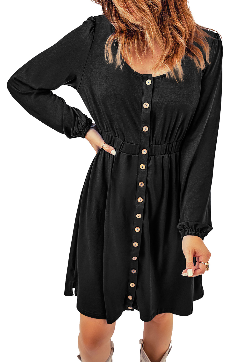 Black Button Up High Waist Long Sleeve Dress - loveforevers