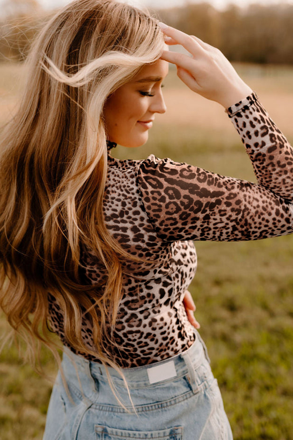 Brown Leopard Smocked Neck Mesh Long Sleeve Bodysuit - loveforevers