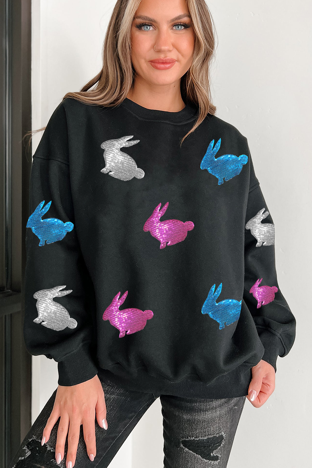 Black Easter Bunny Sequin Patched Drop Shoulder Sweatshirt - loveforevers