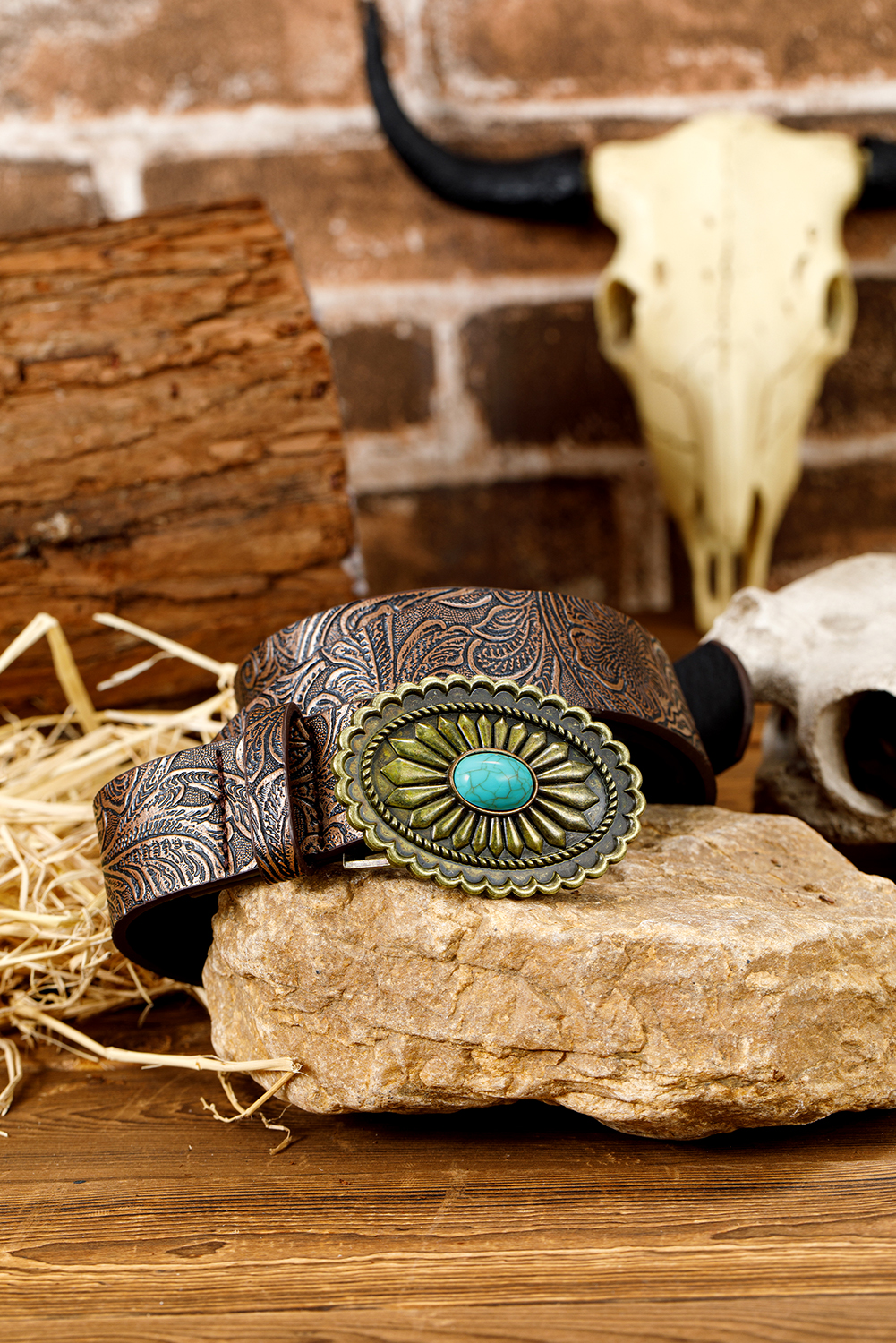 Chestnut Retro Turquoise Plate Decor Embossed Faux Leather Belt - loveforevers