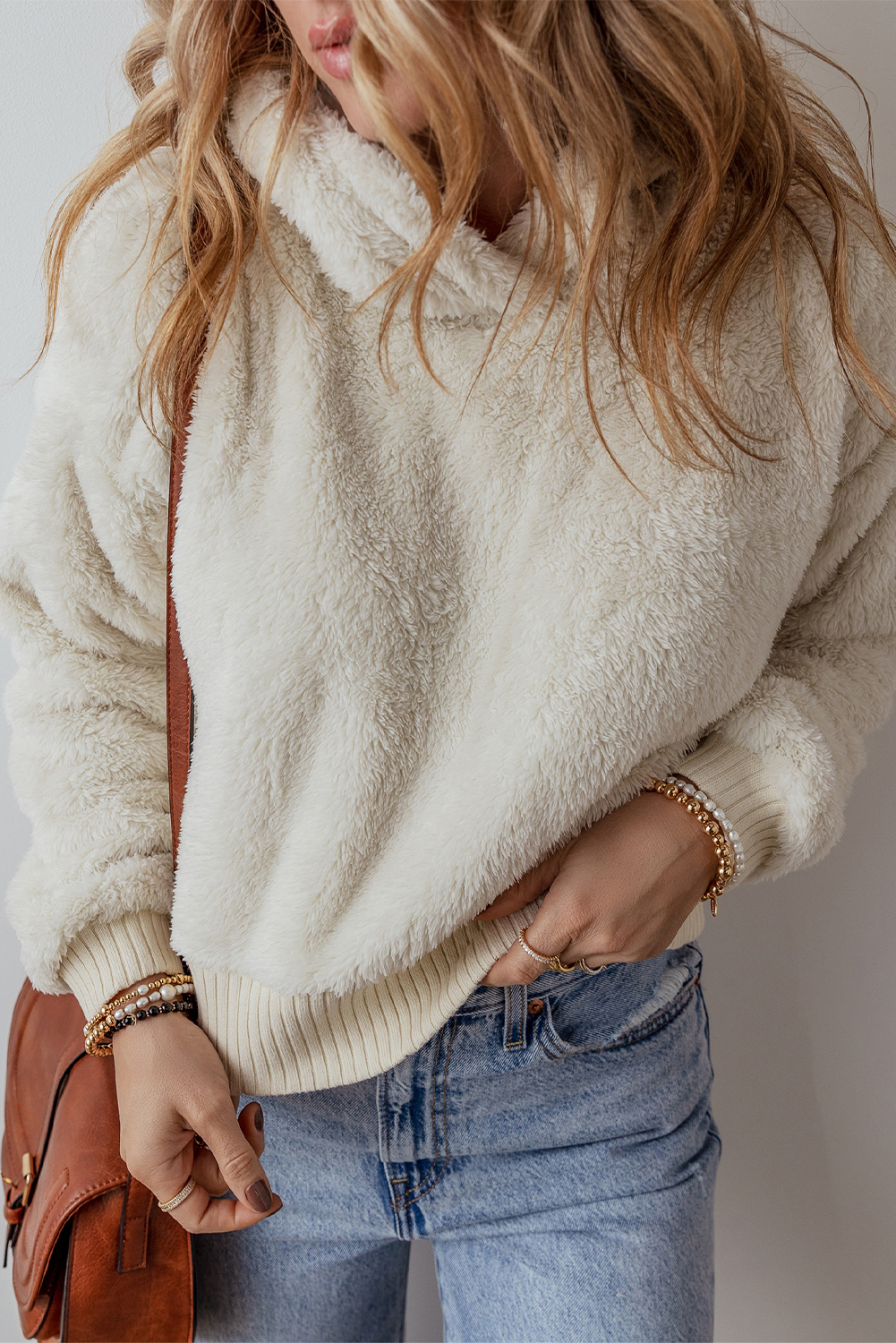White Contrast Ribbed Edge Plush Hoodie - loveforevers
