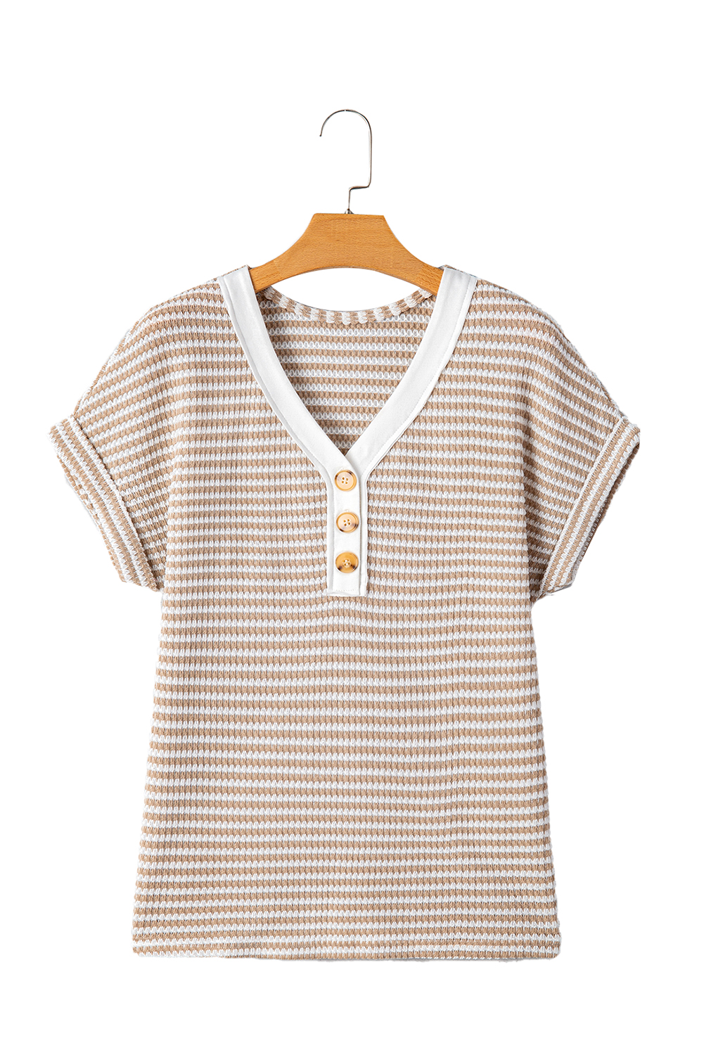 Khaki Stripe Buttoned Front V Neck Knitted T Shirt - loveforevers