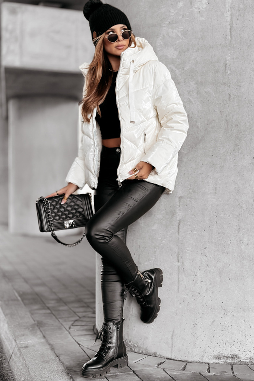White Solid Quilted Hooded Zip Up Puffer Coat - loveforevers