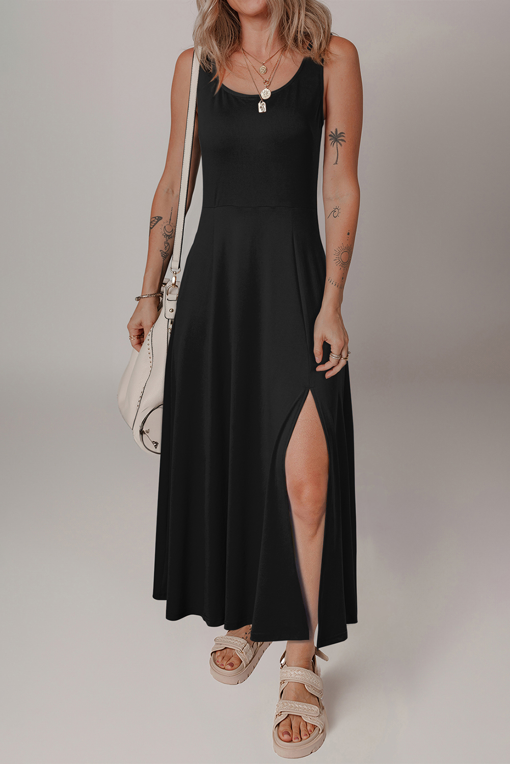 Black Sleeveless Scoop Neck Flared Split Midi Dress - loveforevers
