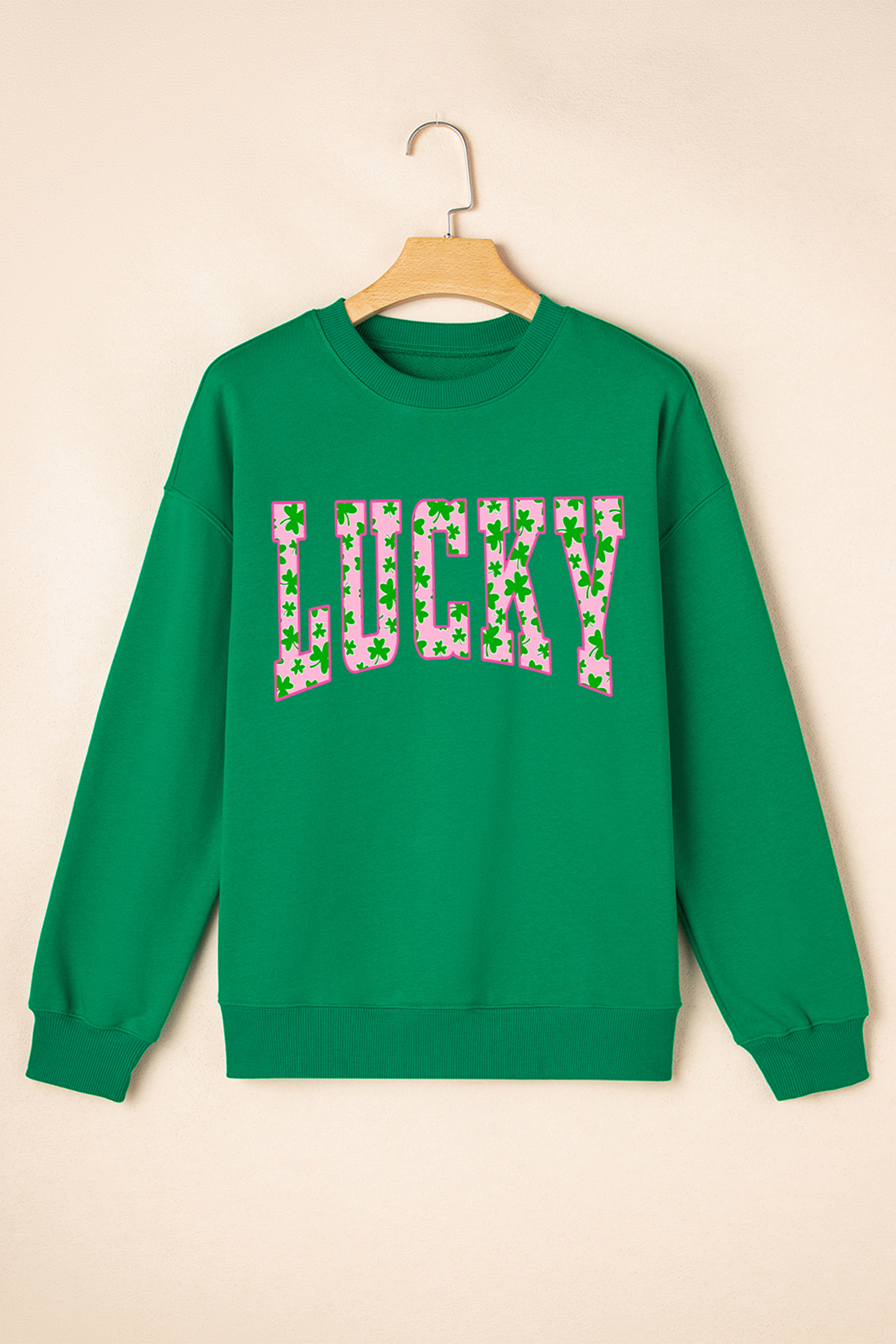 Dark Green LUCKY Clover Letter Printed Loose Pullover Sweatshirt - loveforevers