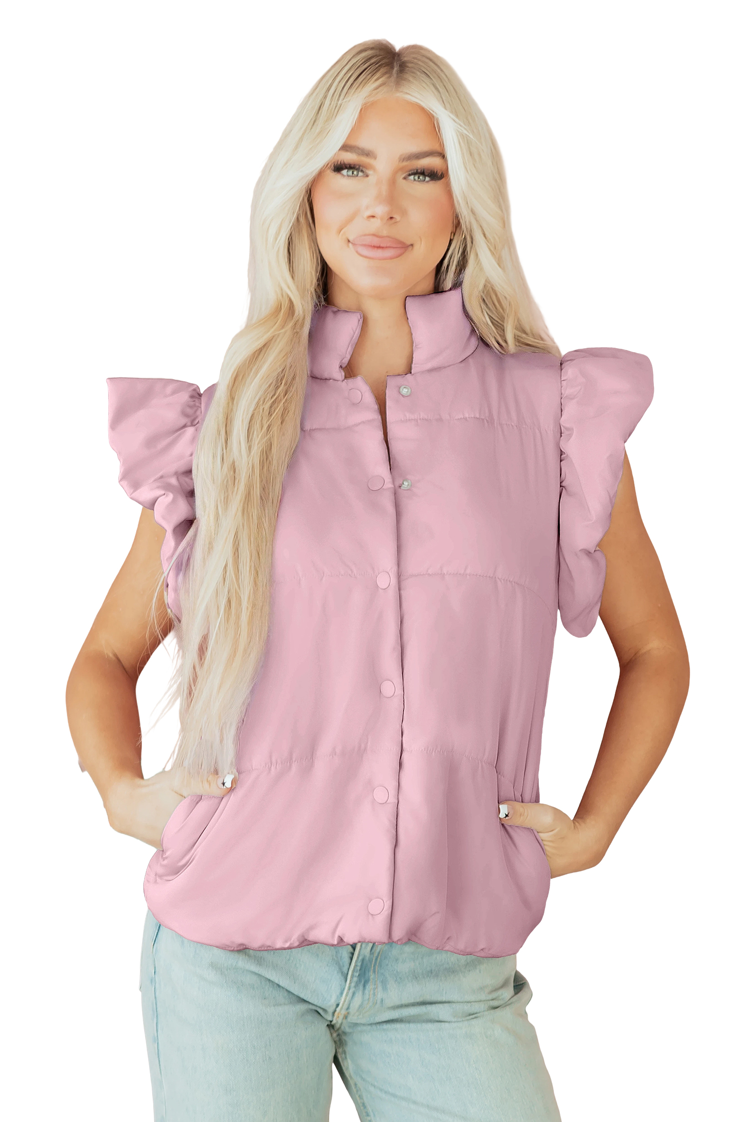 Pink Stand Neck Flutter Sleeve Snap Button Puffer Vest - loveforevers