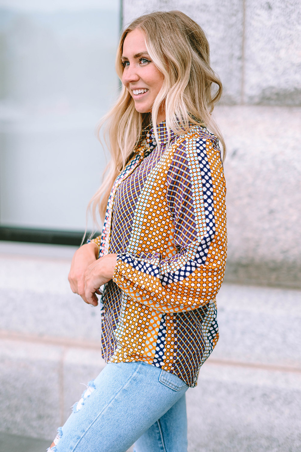 Brown Dot Print Long Sleeve Button Down Shift Shirt - loveforevers