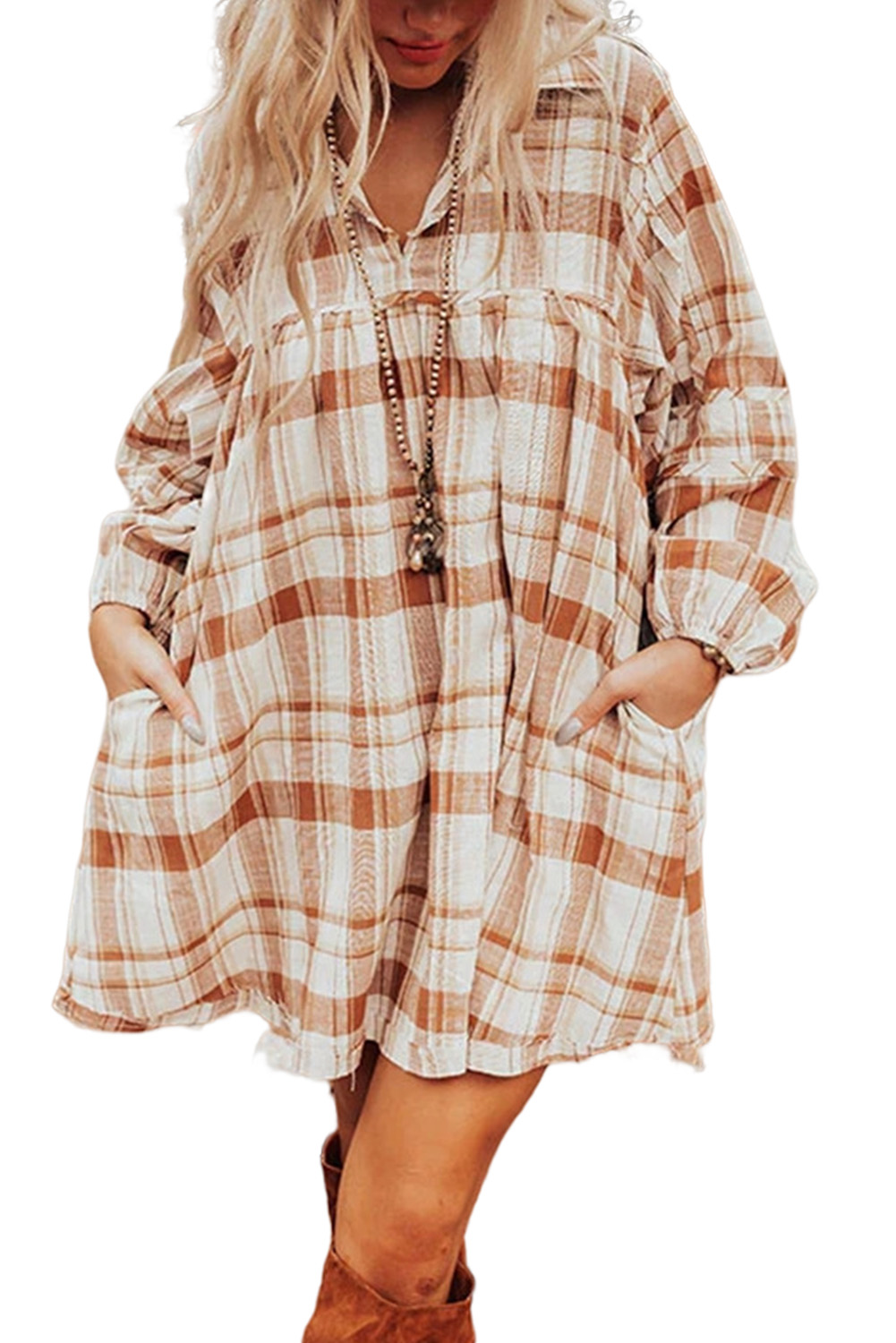 Brown Plaid Print Side Pockets Frilled Babydoll Mini Dress - loveforevers