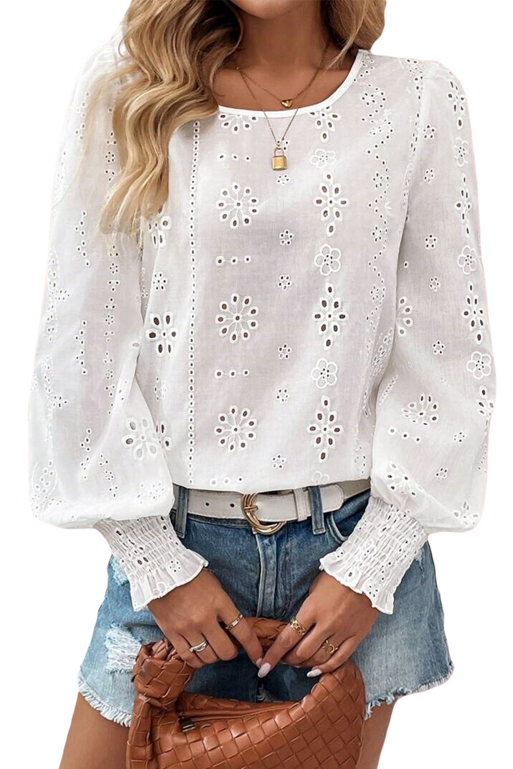 White Eyelet Embroidered Smocked Cuff Sheer Blouse - loveforevers