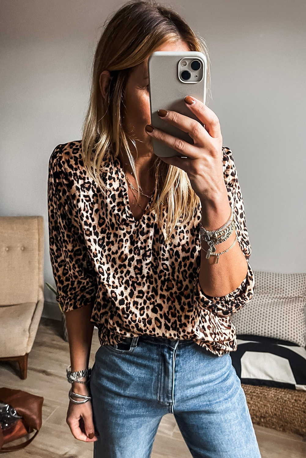 Apricot Leopard V Neck Half Sleeve Blouse - loveforevers